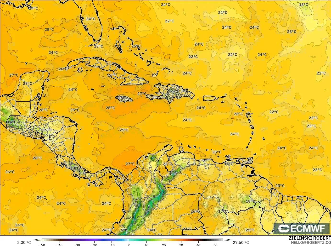 ECMWF IFS 0.25° モデル - カリブ海, 露点温度（2m）