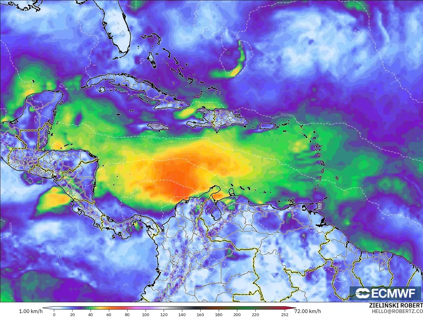 ECMWF IFS 0.25° モデル - カリブ海, 突風（最大）