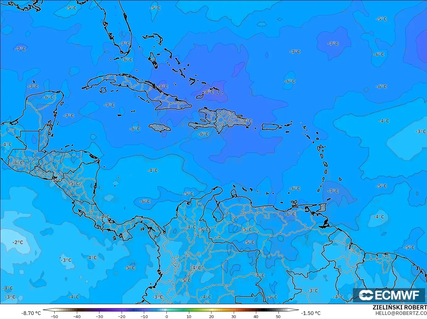 ECMWF IFS 0.25° モデル - カリブ海, 気温（500hPa）