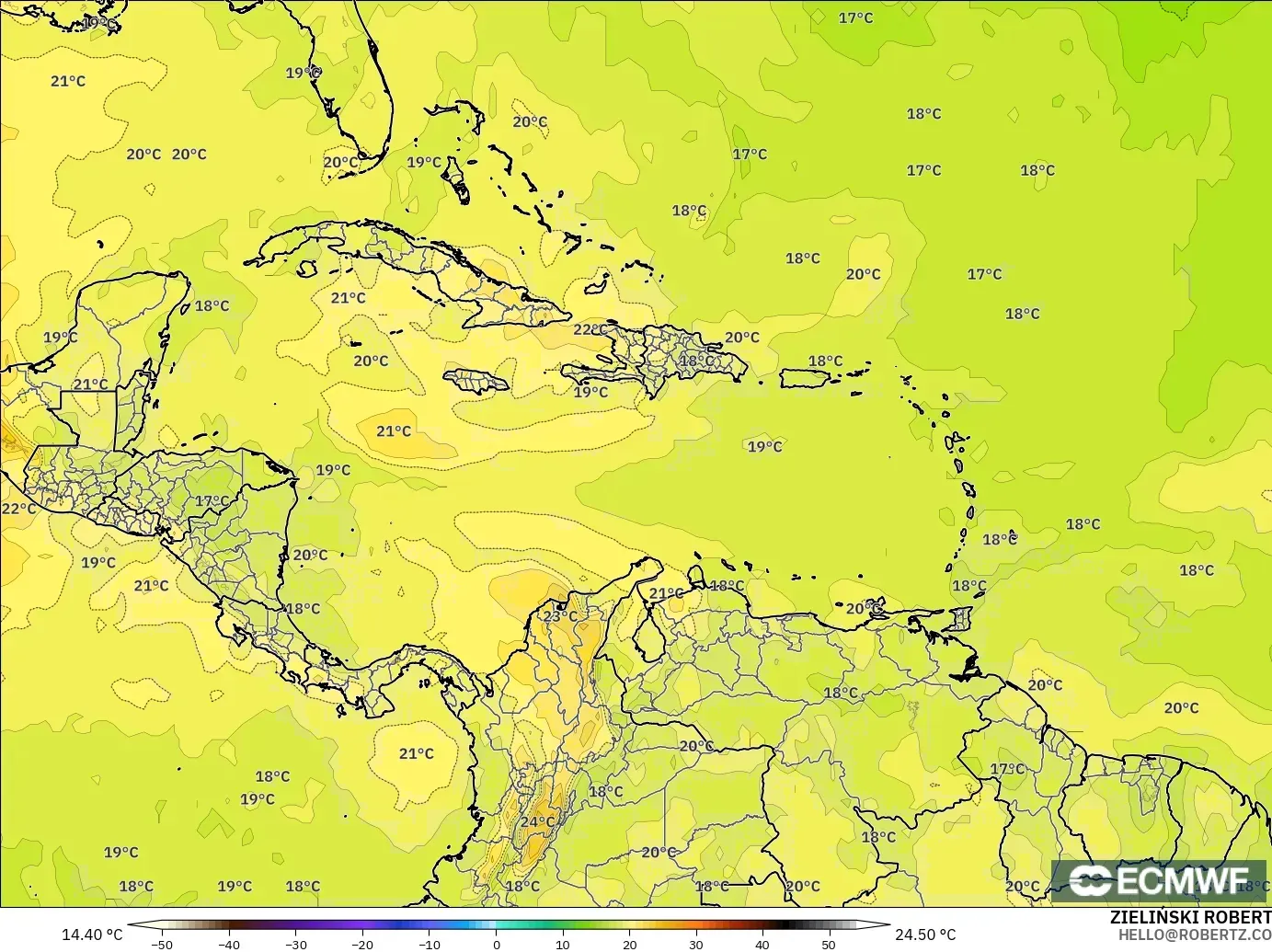 ECMWF IFS 0.25° モデル - カリブ海, 気温（850hPa）