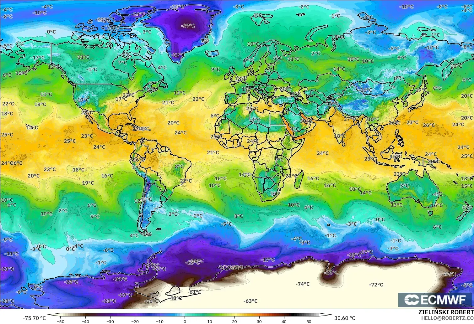 ECMWF IFS 0.25° モデル - 世界, 露点温度（2m）