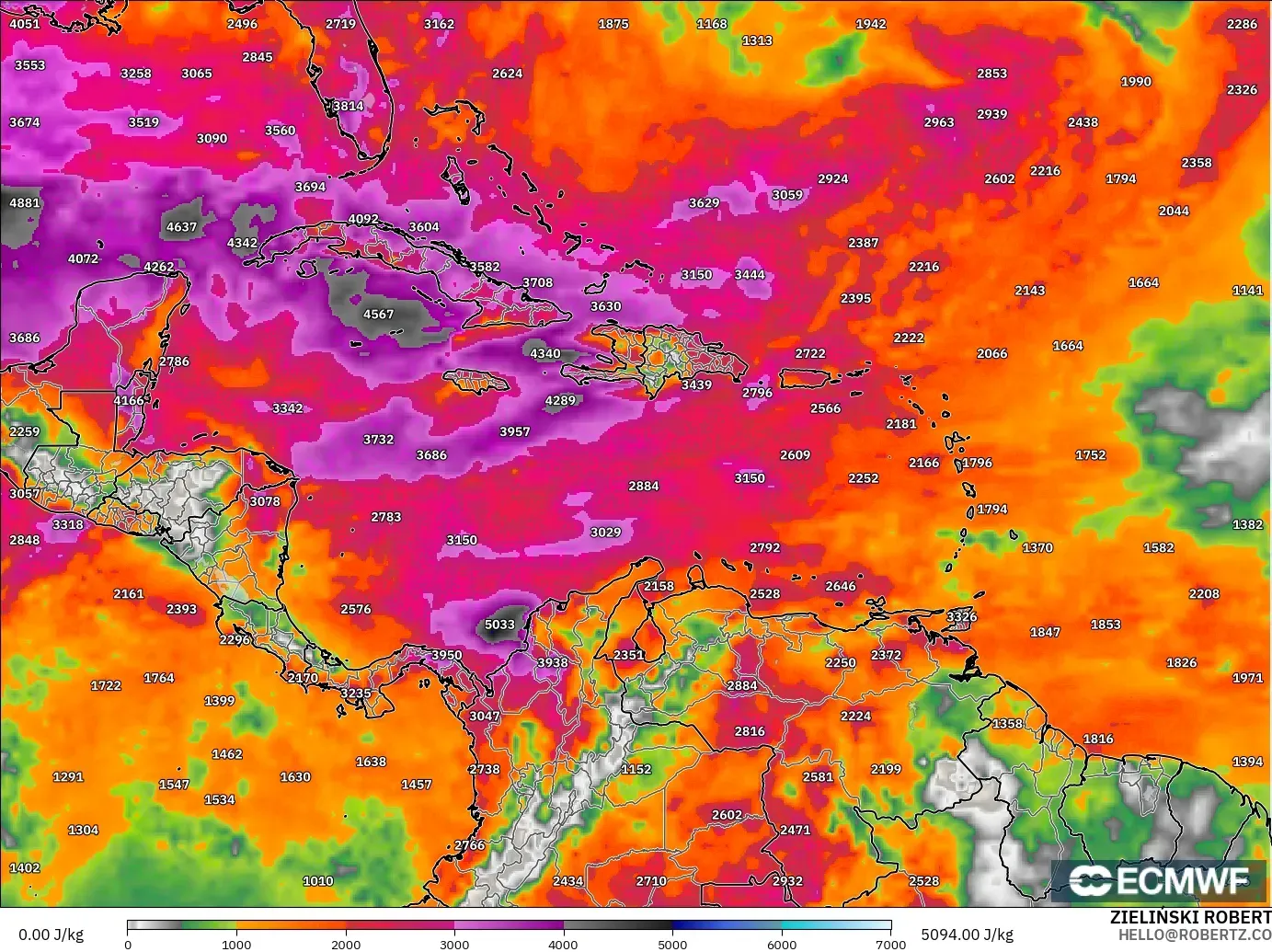 ECMWF IFS 0.25° モデル - カリブ海, CAPE