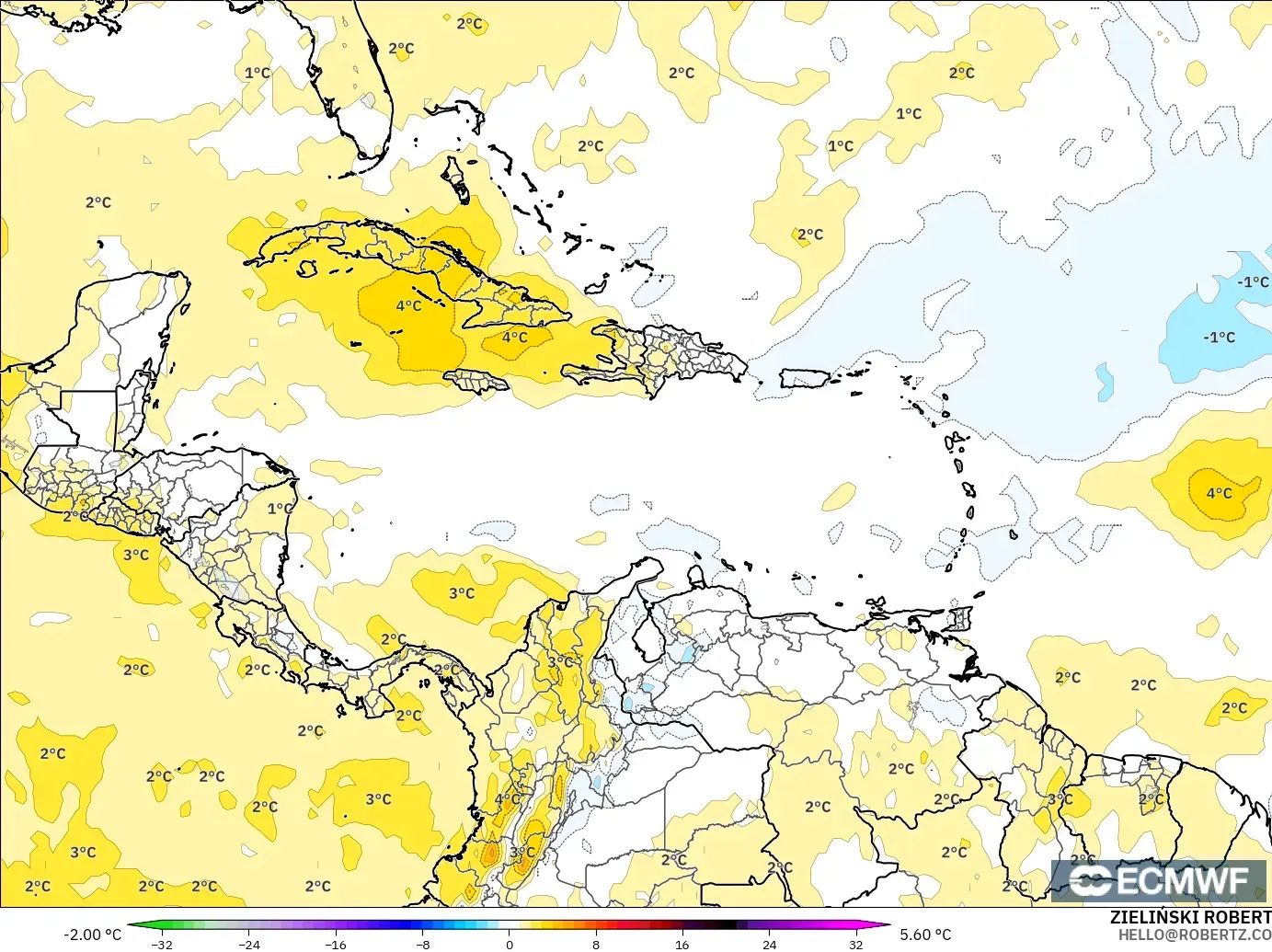 ECMWF IFS 0.25° モデル - カリブ海, 気温異常（850hPa）