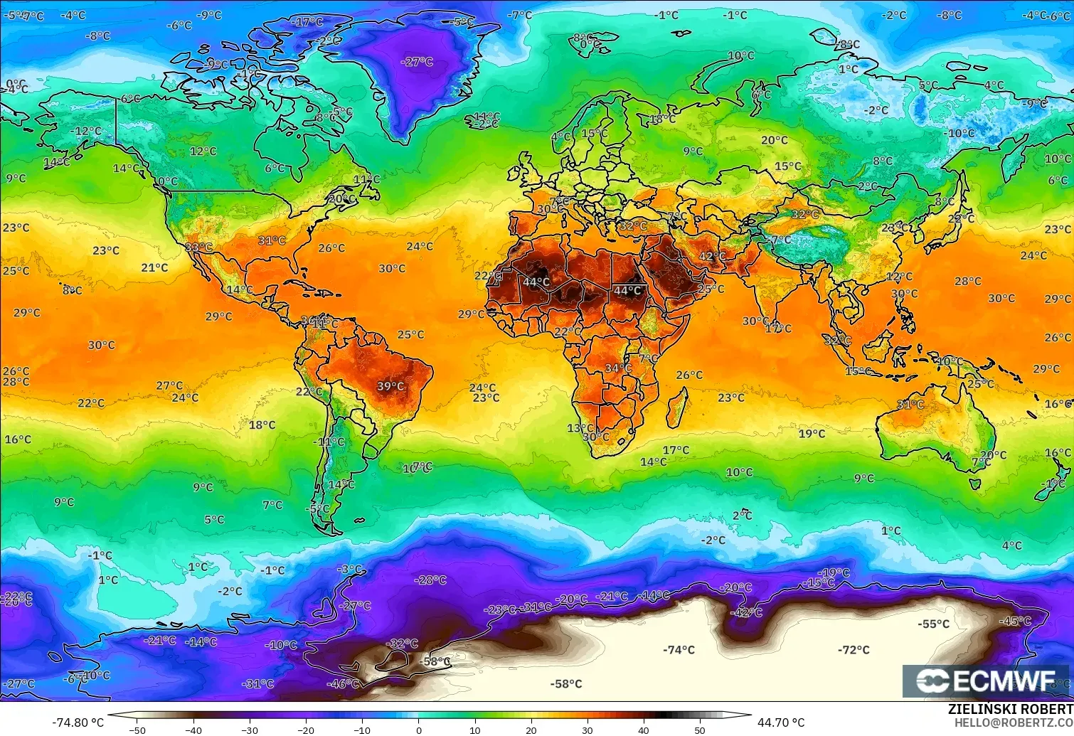 ECMWF IFS 0.25° モデル - 世界, 気温（2m）