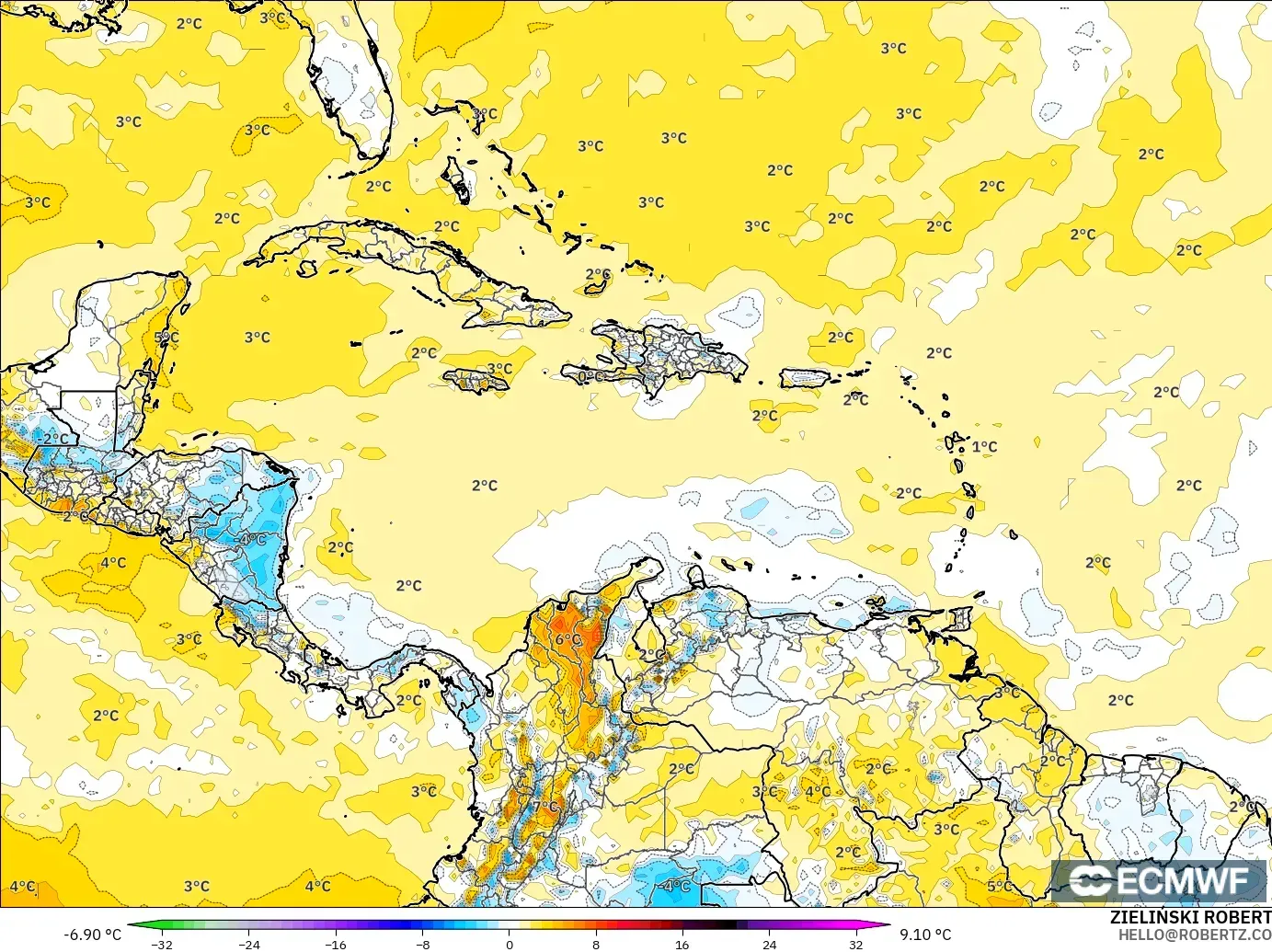 ECMWF IFS 0.25° モデル - カリブ海, 気温異常（2m）