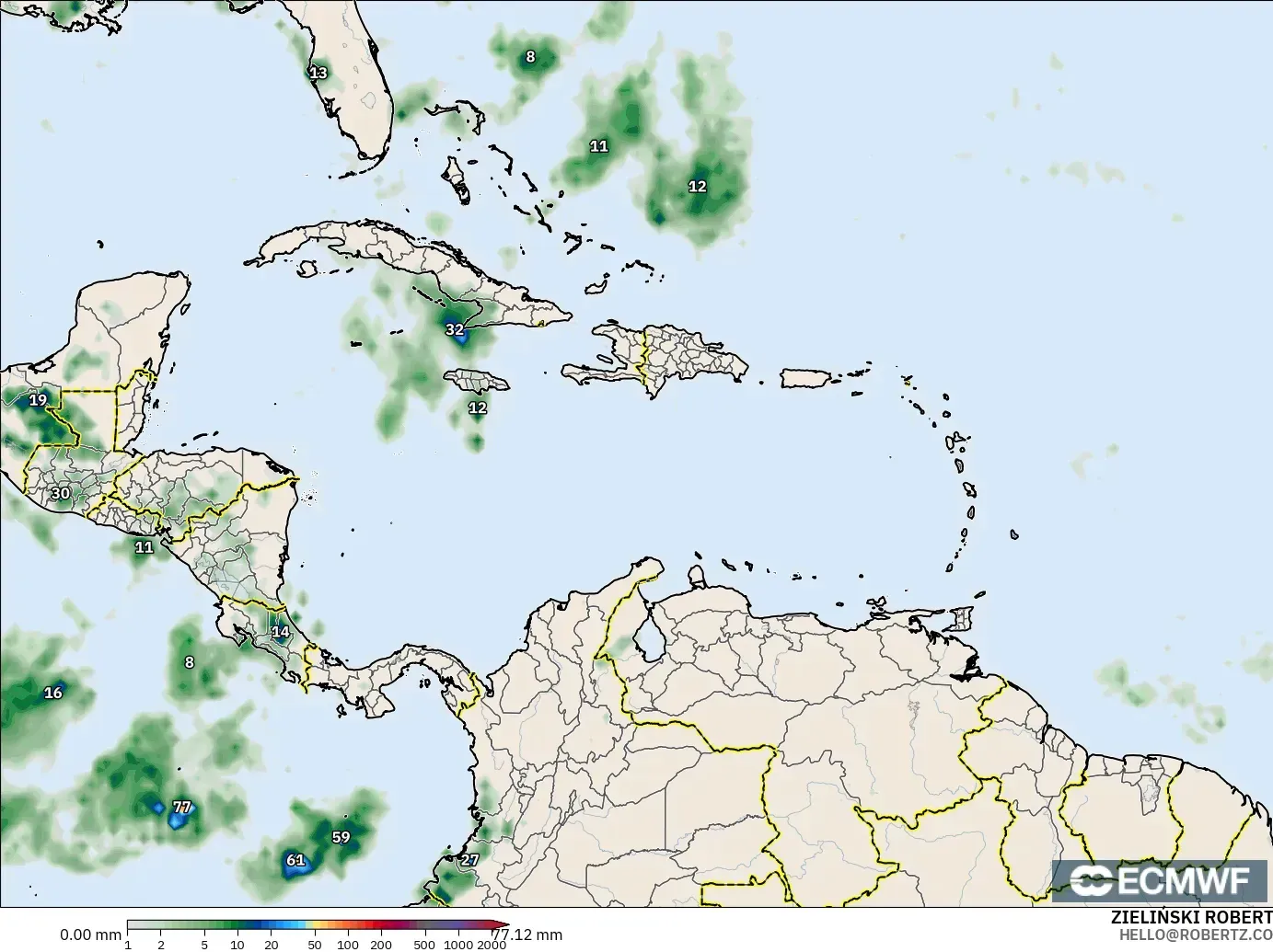 ECMWF IFS 0.25° モデル - カリブ海, 降水量の合計