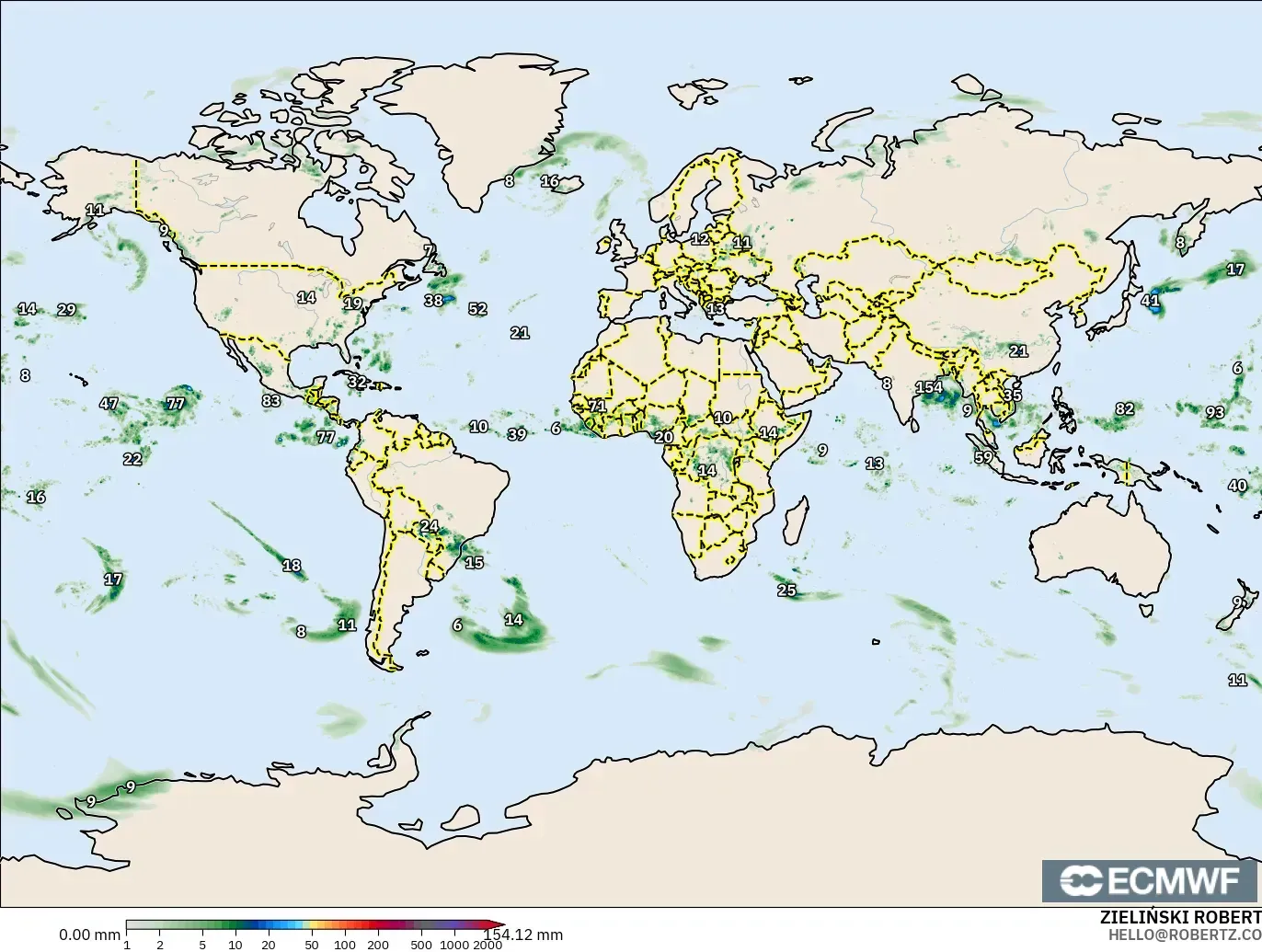 ECMWF IFS 0.25° モデル - 世界, 降水量の合計