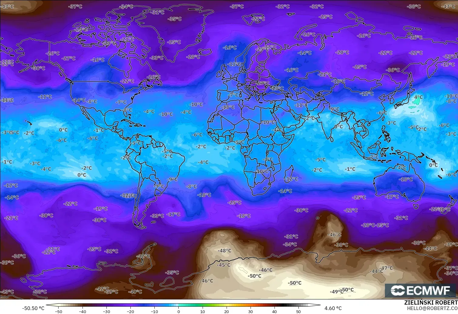 ECMWF IFS 0.25° モデル - 世界, 気温（500hPa）