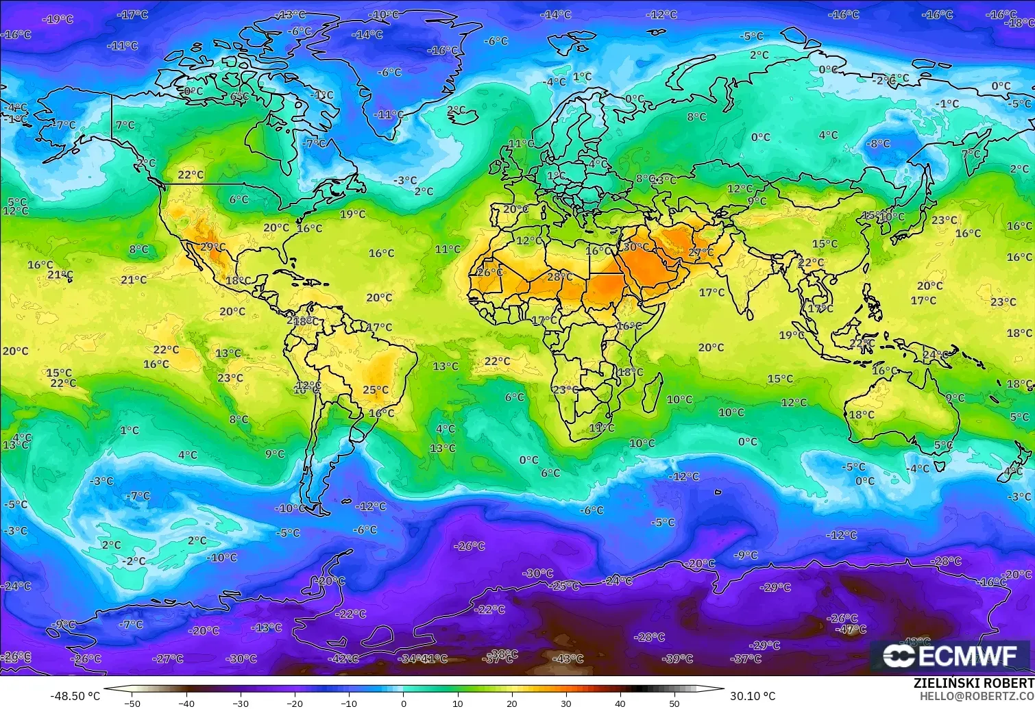 ECMWF IFS 0.25° モデル - 世界, 気温（850hPa）