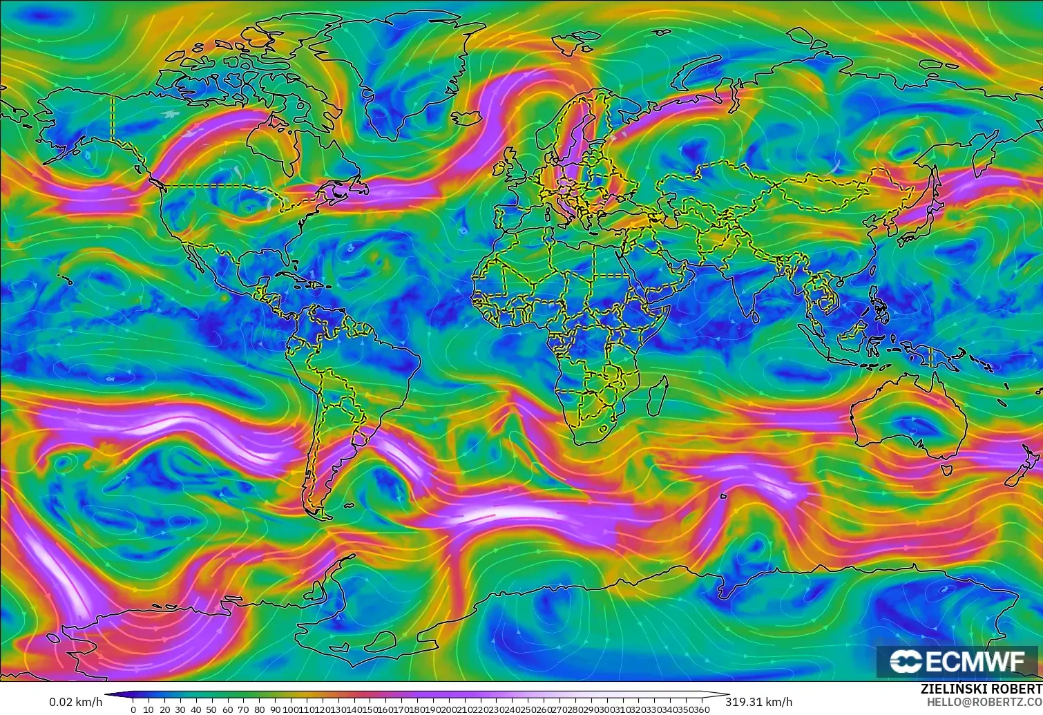 ECMWF IFS 0.25° モデル - 世界, 風速（300hPa）