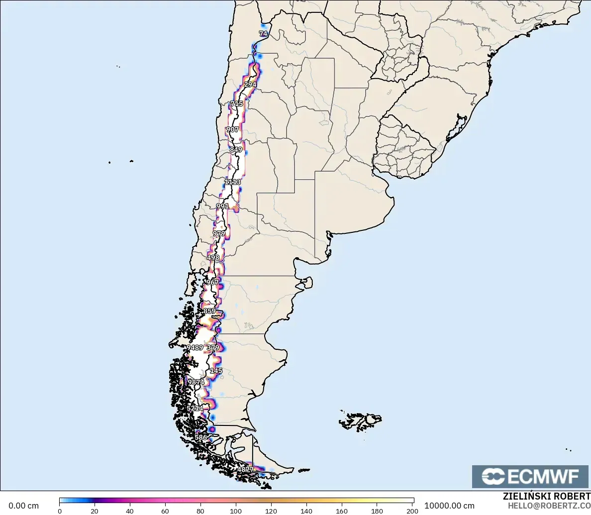 ECMWF IFS 0.25° モデル - アルゼンチン, 積雪深