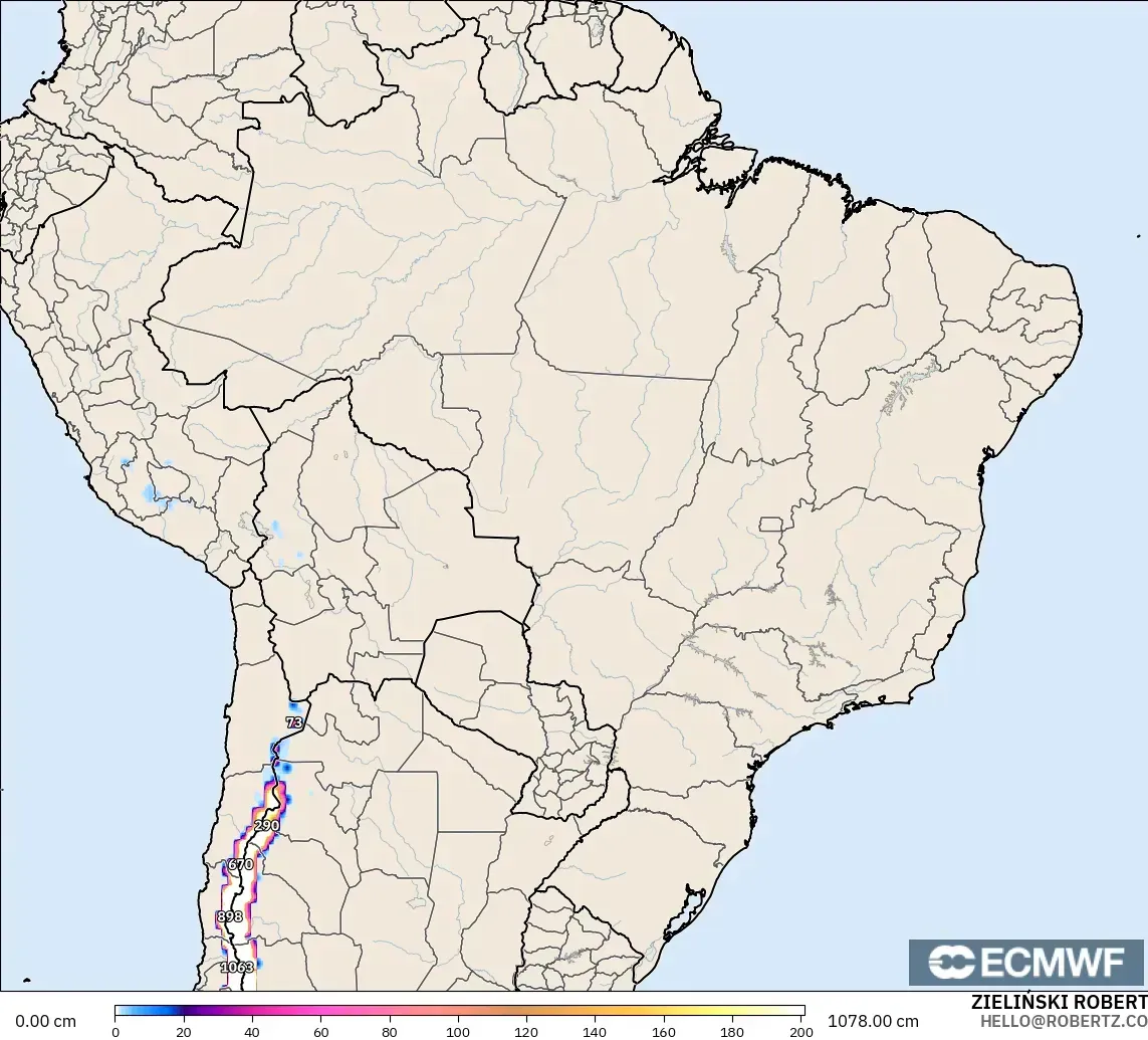 ECMWF IFS 0.25° モデル - ブラジル, 積雪深