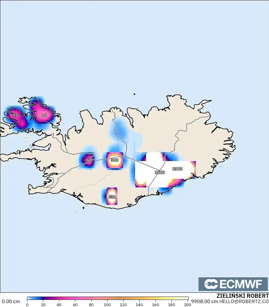 ECMWF IFS 0.25° モデル - アイスランド, 積雪深