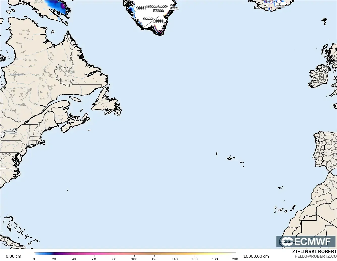 ECMWF IFS 0.25° モデル - 北大西洋, 積雪深