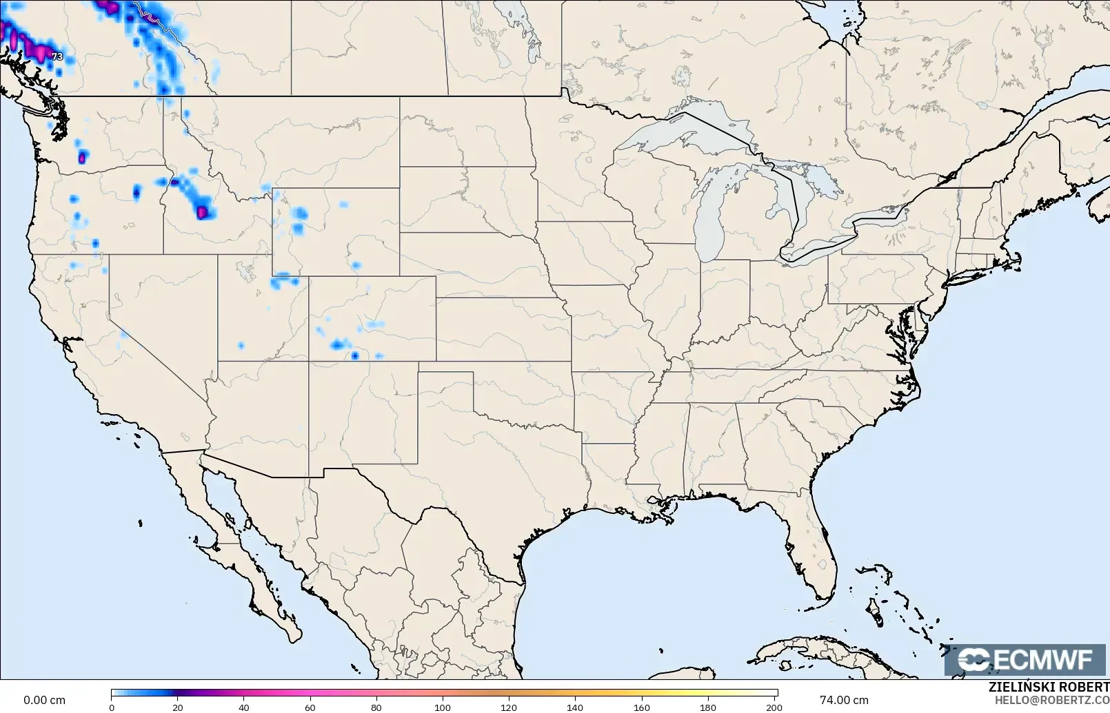 ECMWF IFS 0.25° モデル - アメリカ合衆国, 積雪深