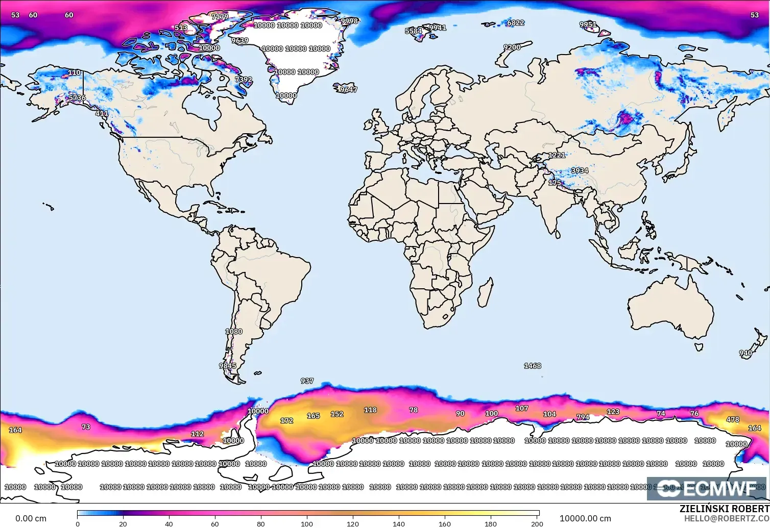 ECMWF IFS 0.25° モデル - 世界, 積雪深