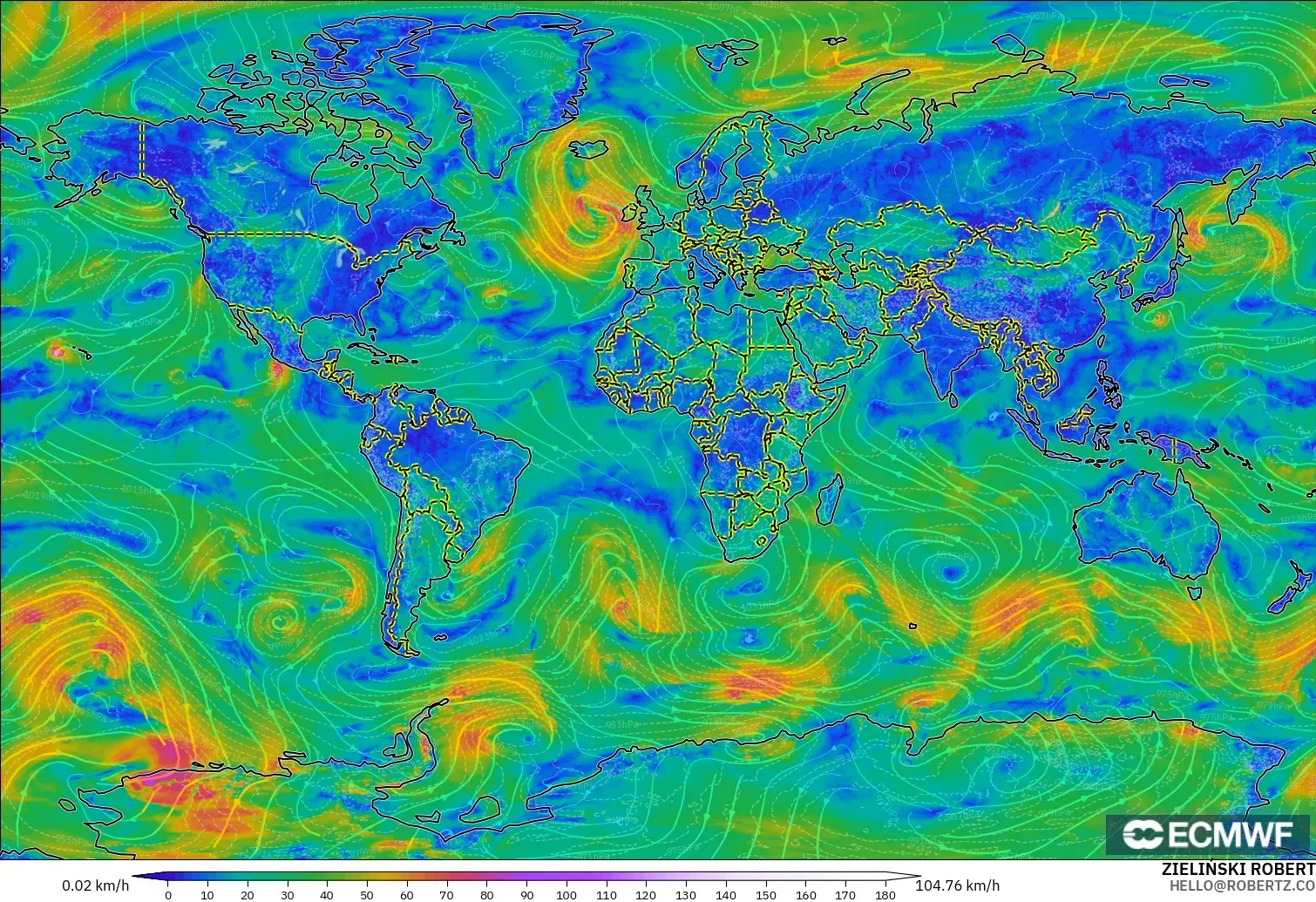 ECMWF IFS 0.25° モデル - 世界, 風速（10m）