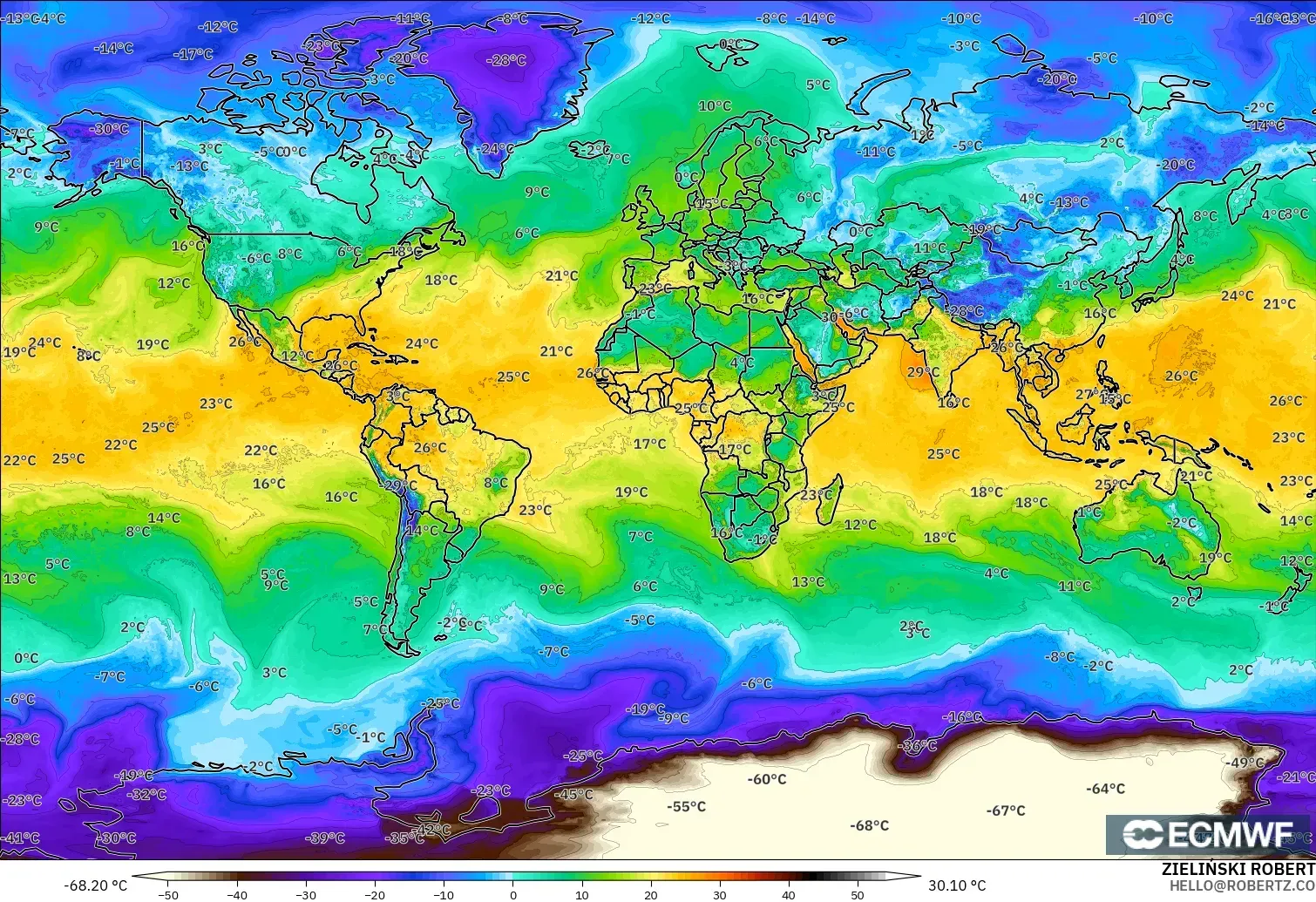 ECMWF IFS 0.25° モデル - 世界, 露点温度（2m）