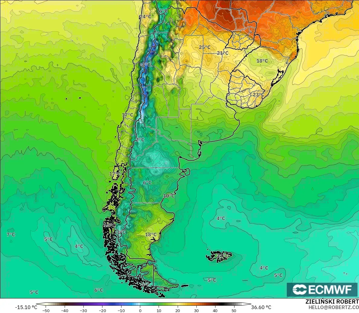 ECMWF IFS 0.25° モデル - アルゼンチン, 気温（2m）