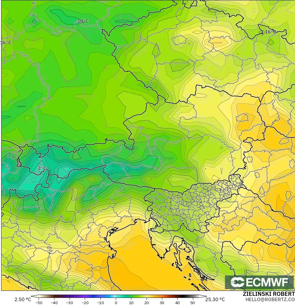 ECMWF IFS 0.25° モデル - オーストリア, 気温（2m）