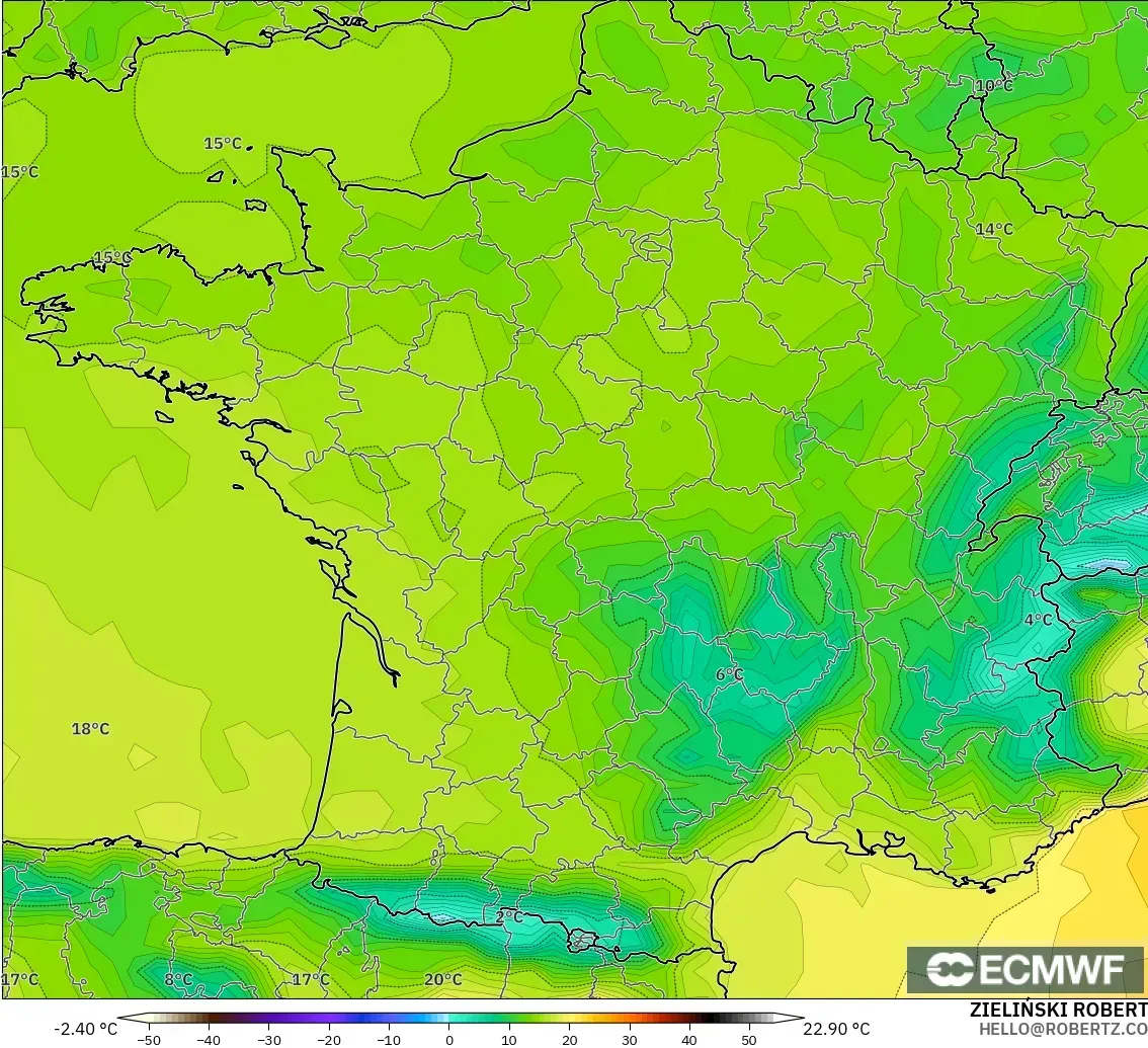 ECMWF IFS 0.25° モデル - フランス, 気温（2m）