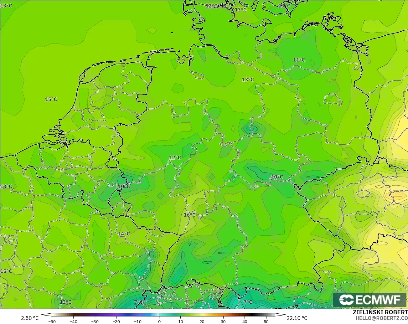 ECMWF IFS 0.25° モデル - ドイツ, 気温（2m）
