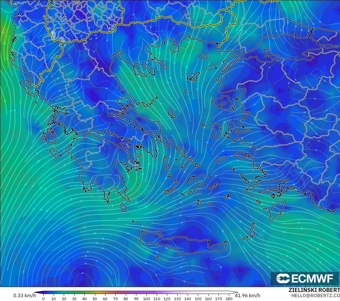 ECMWF IFS 0.25° モデル - ギリシャ, 風速（10m）