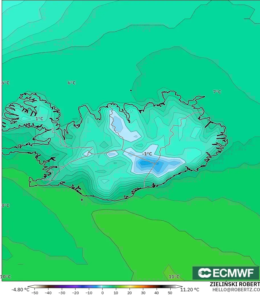 ECMWF IFS 0.25° モデル - アイスランド, 気温（2m）