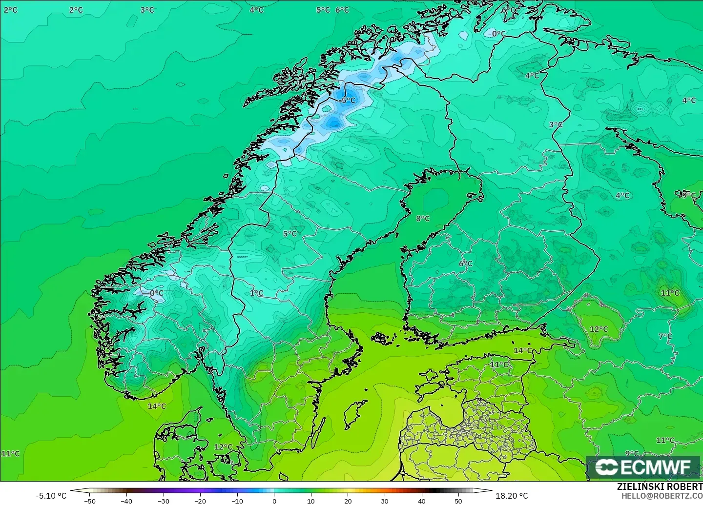 ECMWF IFS 0.25° モデル - スカンジナビア, 気温（2m）