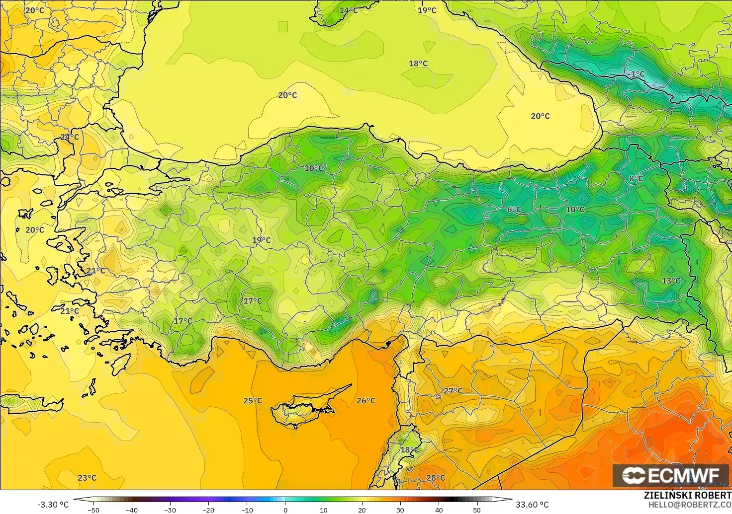 ECMWF IFS 0.25° モデル - トルコ, 気温（2m）