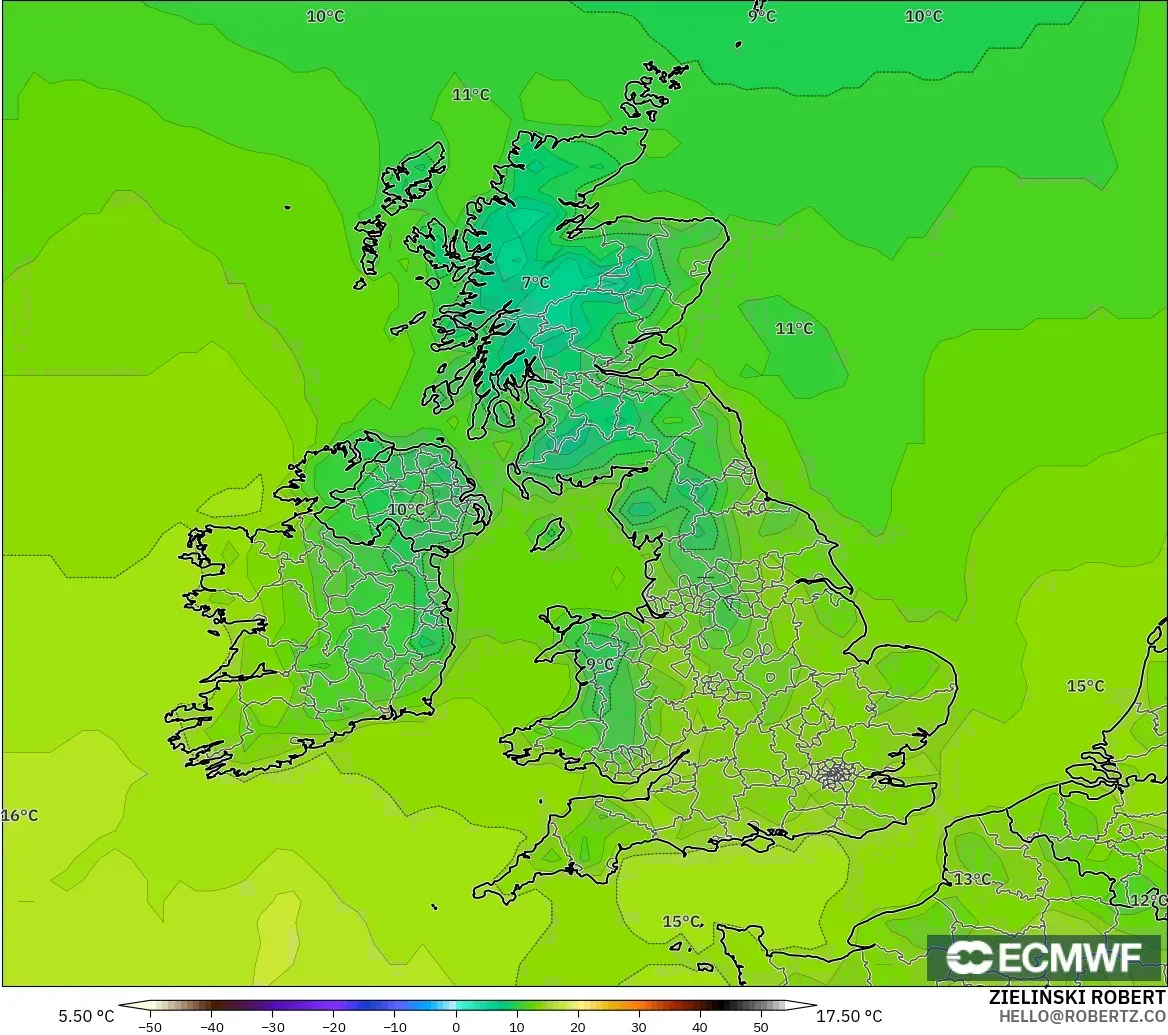 ECMWF IFS 0.25° モデル - イギリス, 気温（2m）
