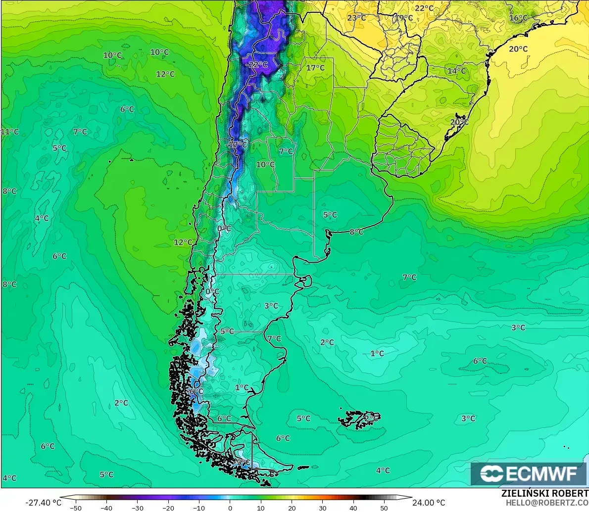 ECMWF IFS 0.25° モデル - アルゼンチン, 露点温度（2m）