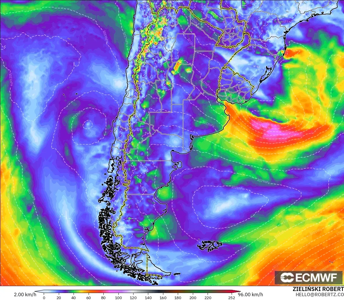 ECMWF IFS 0.25° モデル - アルゼンチン, 突風（最大）