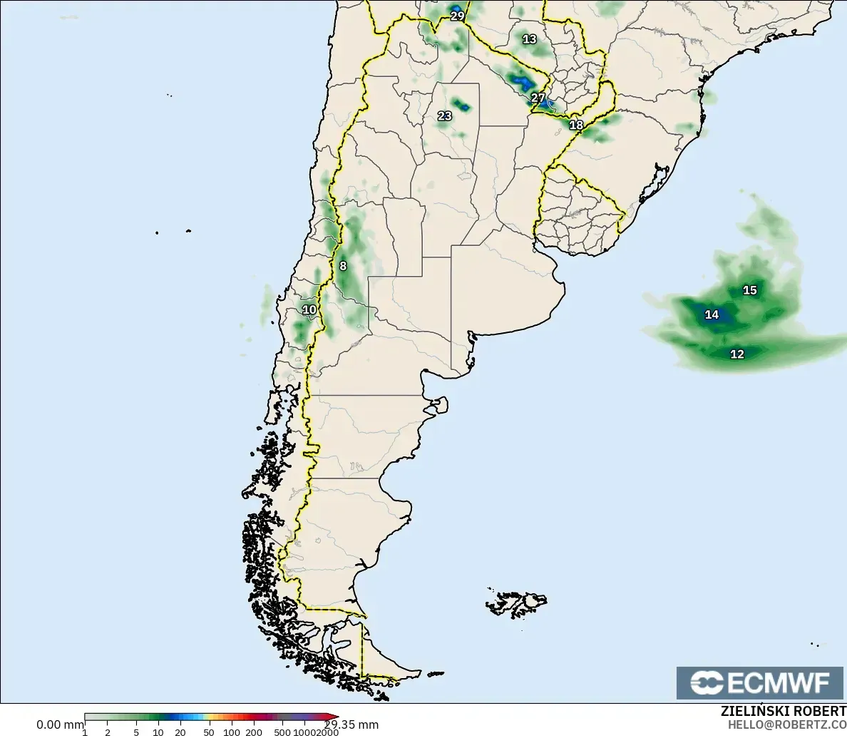 ECMWF IFS 0.25° モデル - アルゼンチン, 降水量の合計