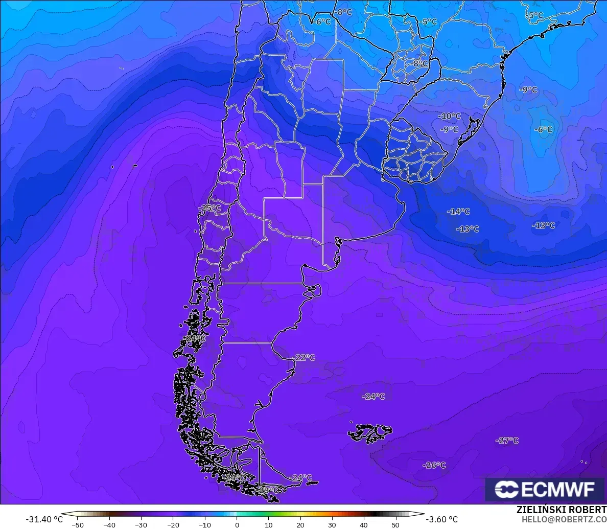 ECMWF IFS 0.25° モデル - アルゼンチン, 気温（500hPa）