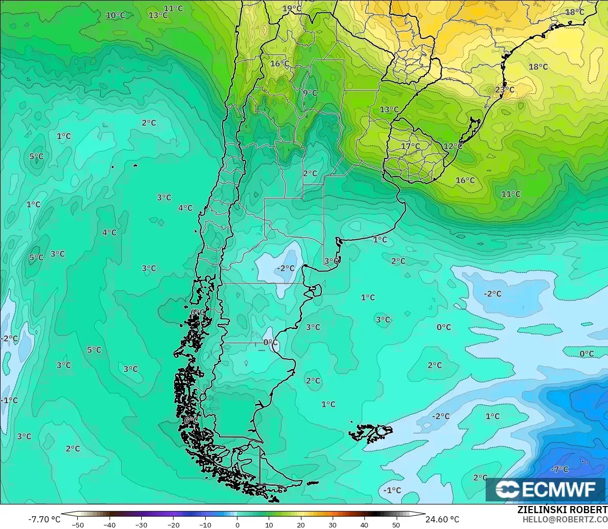 ECMWF IFS 0.25° モデル - アルゼンチン, 気温（850hPa）