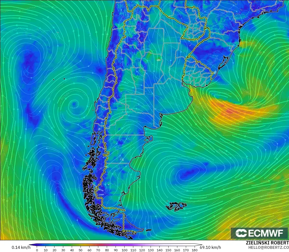 ECMWF IFS 0.25° モデル - アルゼンチン, 風速（10m）