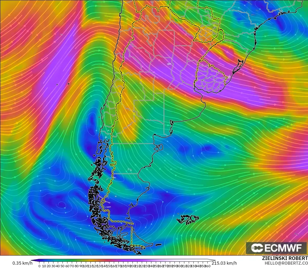 ECMWF IFS 0.25° モデル - アルゼンチン, 風速（300hPa）