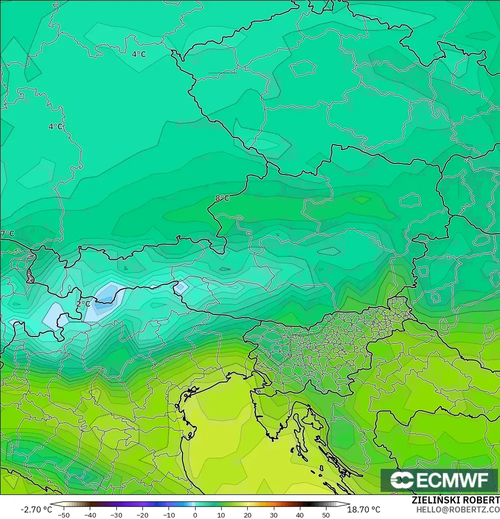 ECMWF IFS 0.25° モデル - オーストリア, 露点温度（2m）