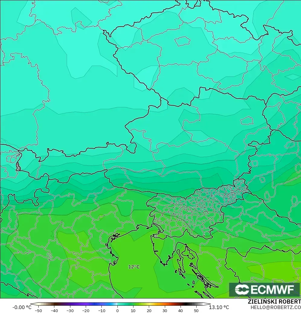 ECMWF IFS 0.25° モデル - オーストリア, 気温（850hPa）