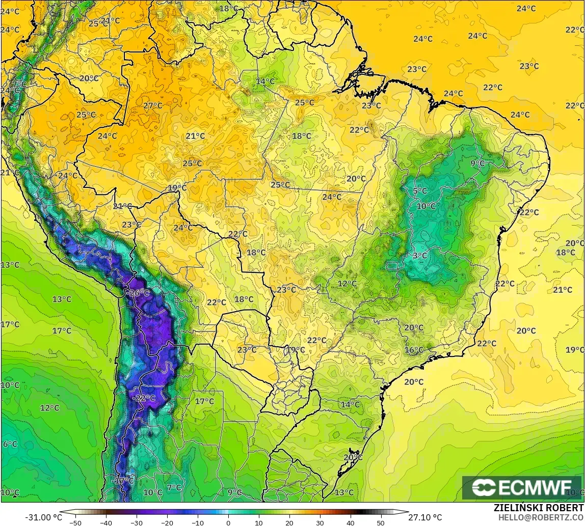 ECMWF IFS 0.25° モデル - ブラジル, 露点温度（2m）