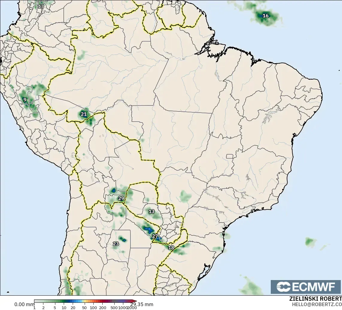 ECMWF IFS 0.25° モデル - ブラジル, 降水量の合計