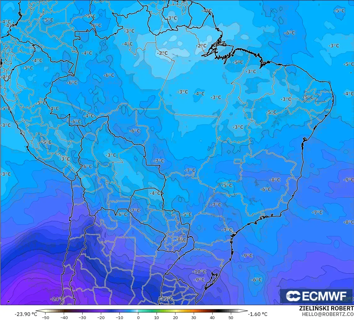 ECMWF IFS 0.25° モデル - ブラジル, 気温（500hPa）
