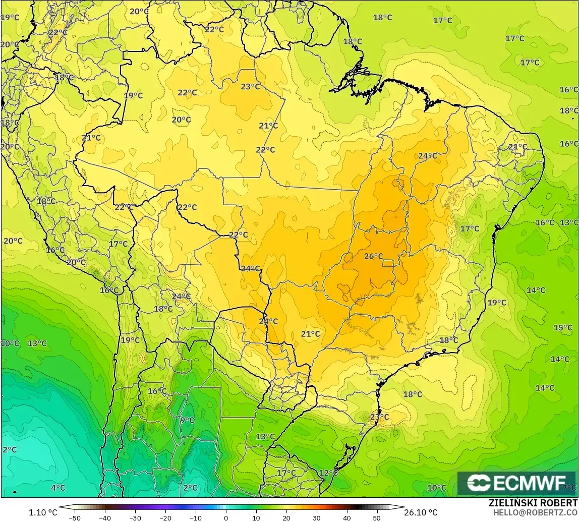 ECMWF IFS 0.25° モデル - ブラジル, 気温（850hPa）