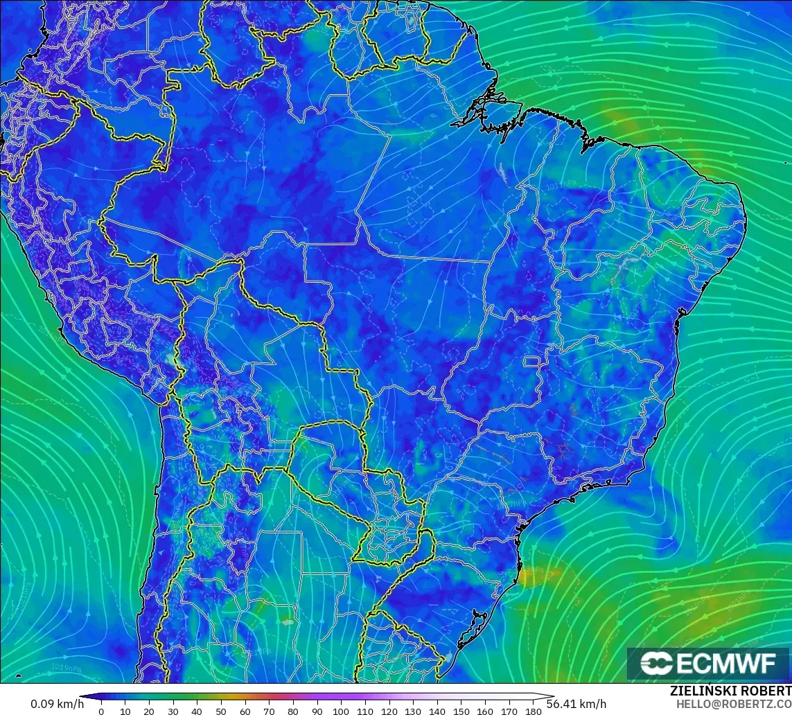 ECMWF IFS 0.25° モデル - ブラジル, 風速（10m）