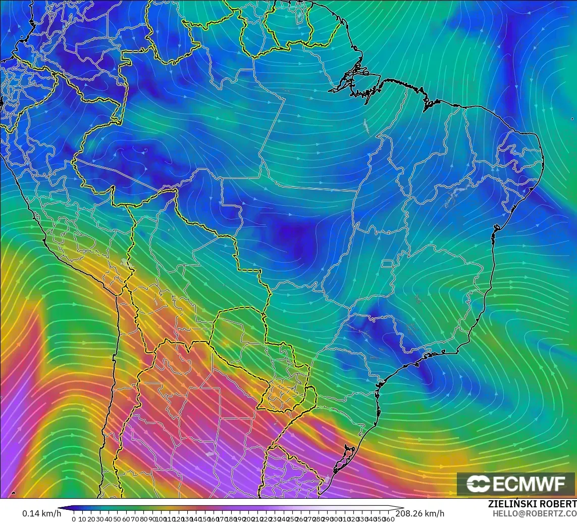 ECMWF IFS 0.25° モデル - ブラジル, 風速（300hPa）