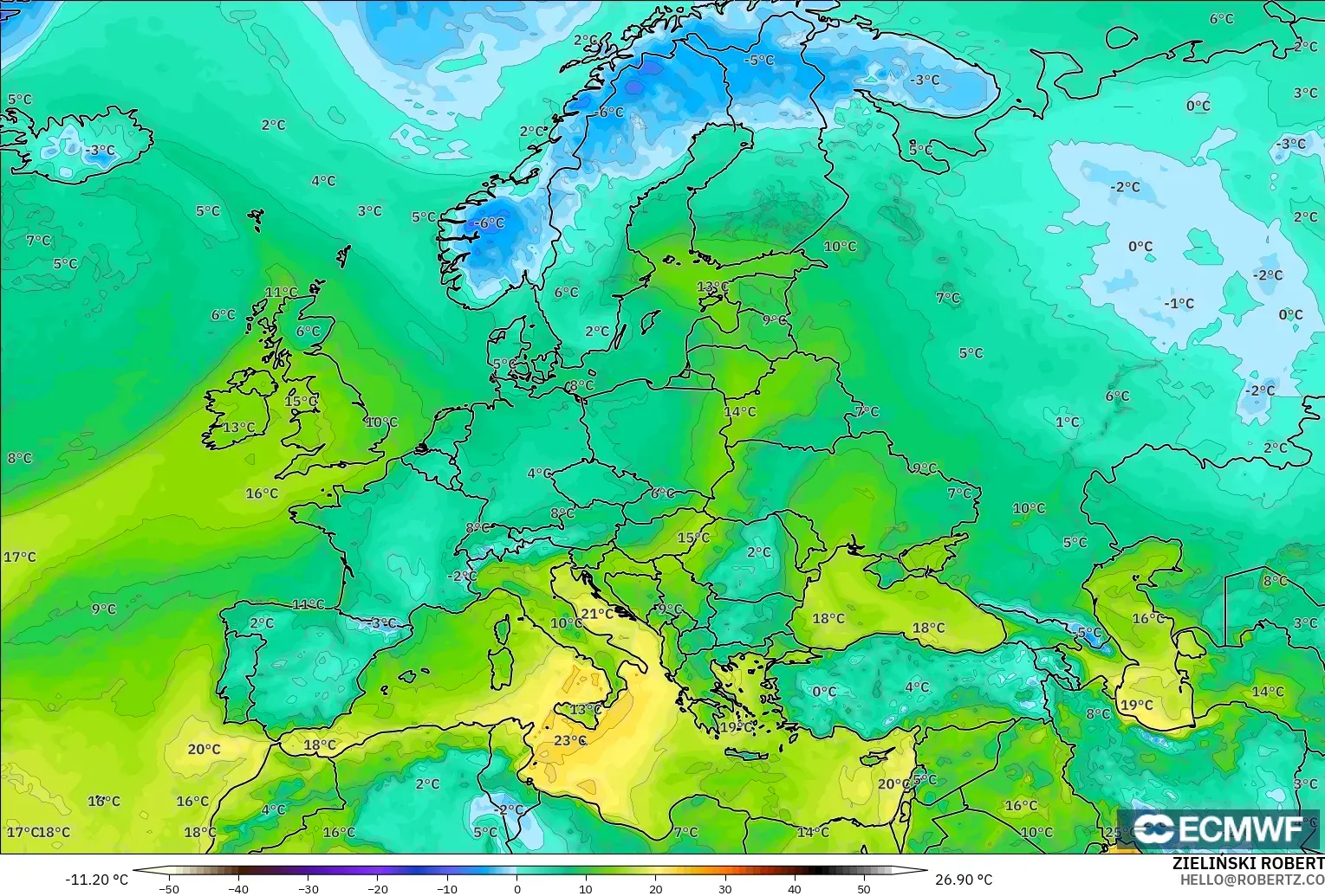 ECMWF IFS 0.25° モデル - ヨーロッパ, 露点温度（2m）