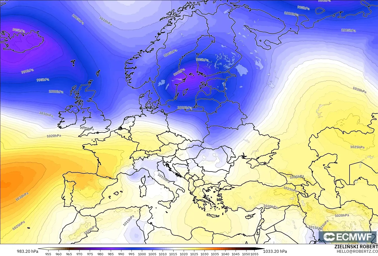 ECMWF IFS 0.25° モデル - ヨーロッパ, 気圧