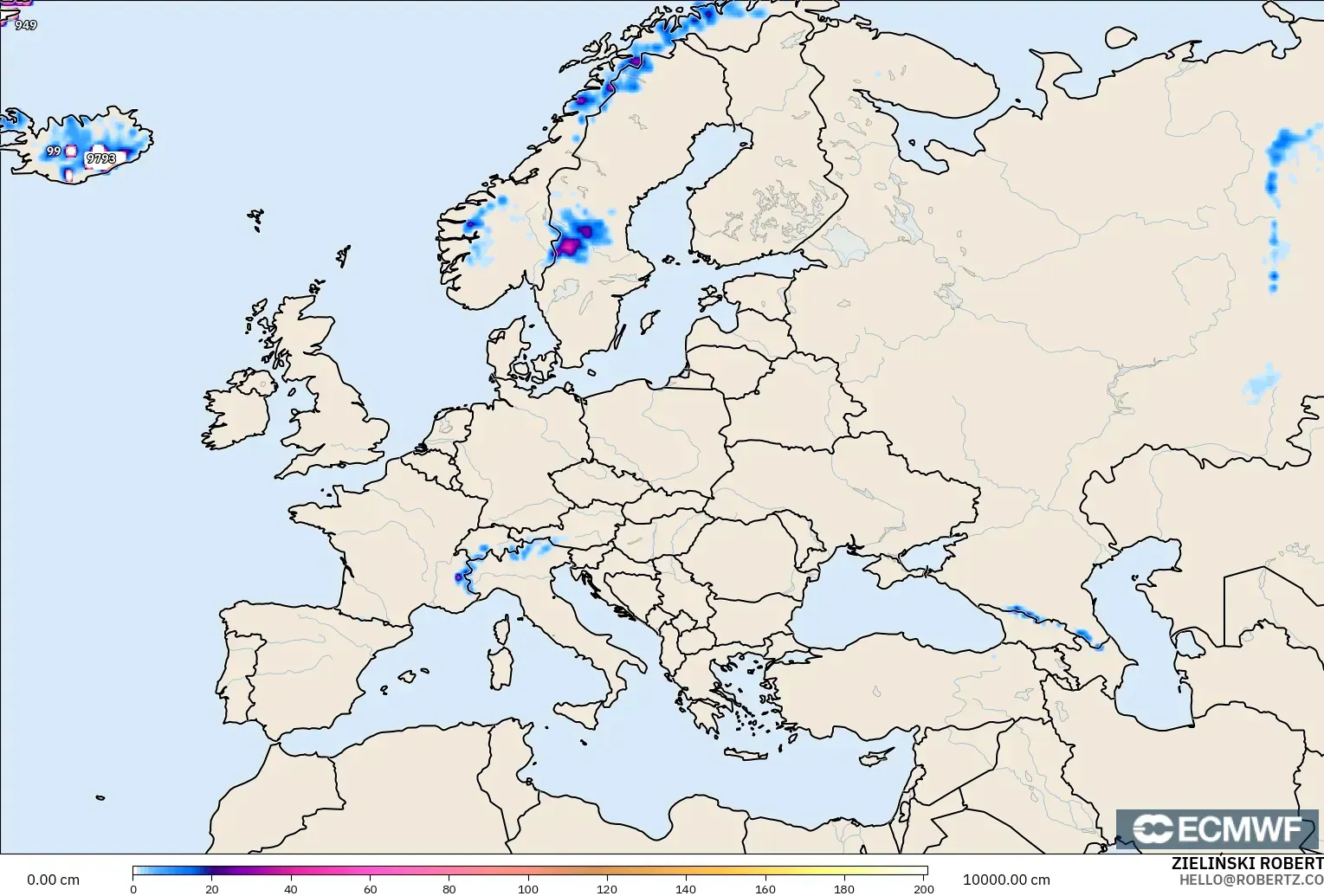 ECMWF IFS 0.25° モデル - ヨーロッパ, 積雪深