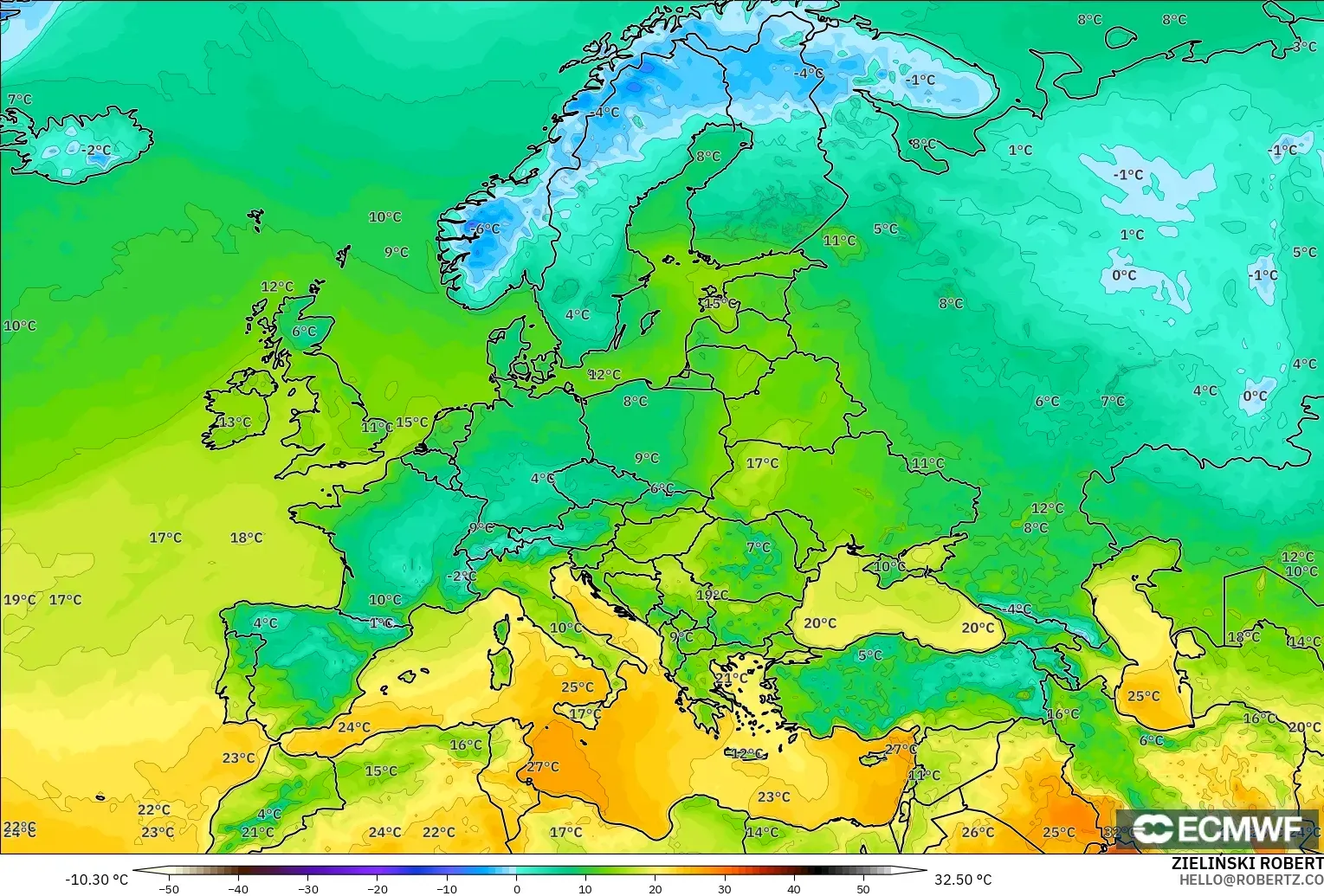 ECMWF IFS 0.25° モデル - ヨーロッパ, 気温（2m）